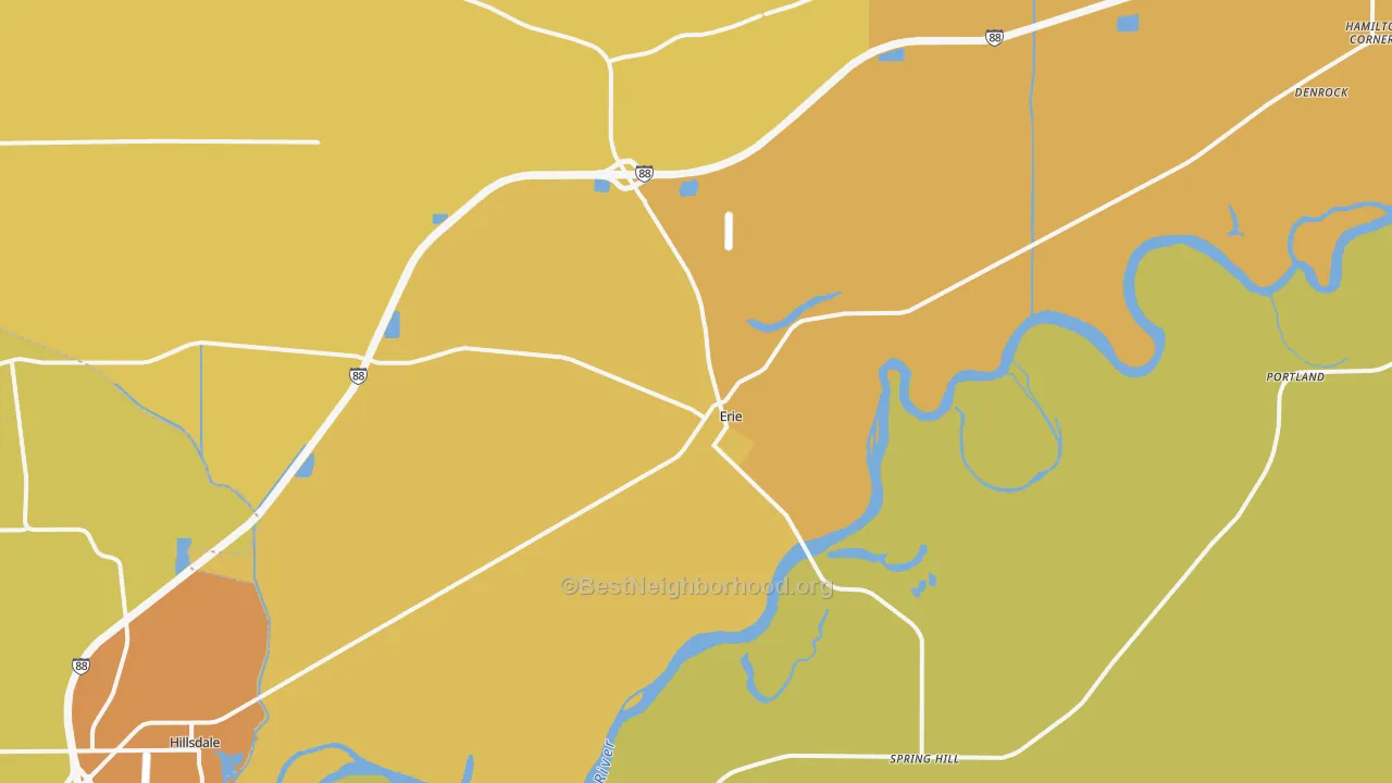 Map of the best neighborhoods in the Erie area, with better matches in green and worse matches in red