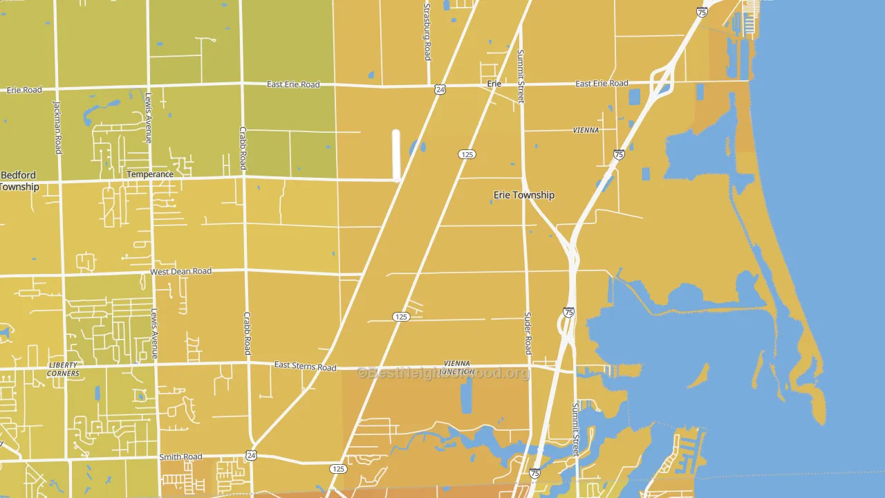 Map of the best neighborhoods in the Erie area, with better matches in green and worse matches in red