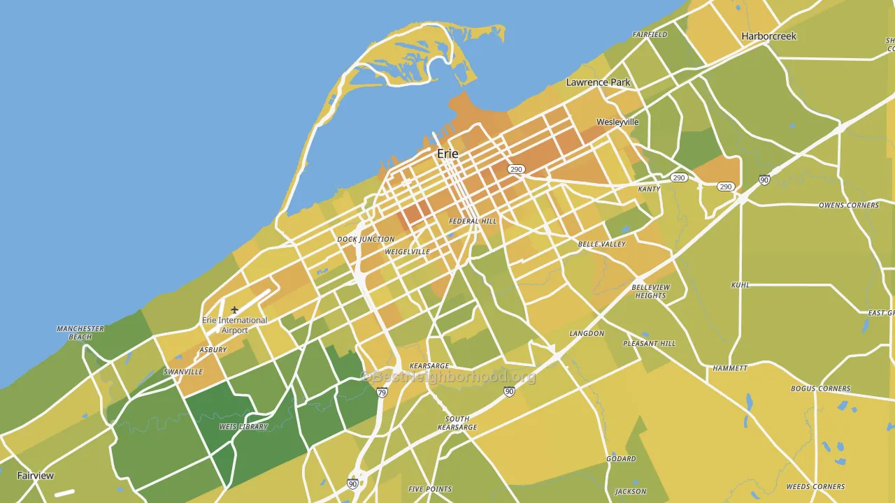 Map of the best neighborhoods in the Erie Metro area, with better matches in green and worse matches in red