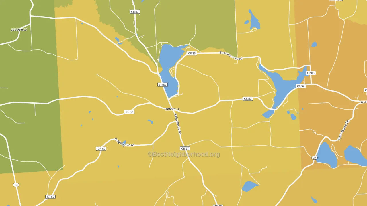 Map of the best neighborhoods in the Erieville area, with better matches in green and worse matches in red