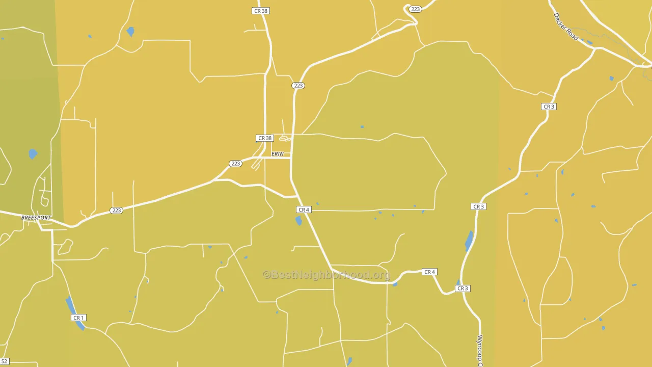 Map of the best neighborhoods in the Erin area, with better matches in green and worse matches in red