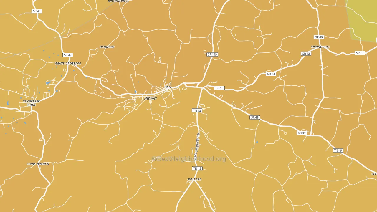 Map of the best neighborhoods in the Erin area, with better matches in green and worse matches in red