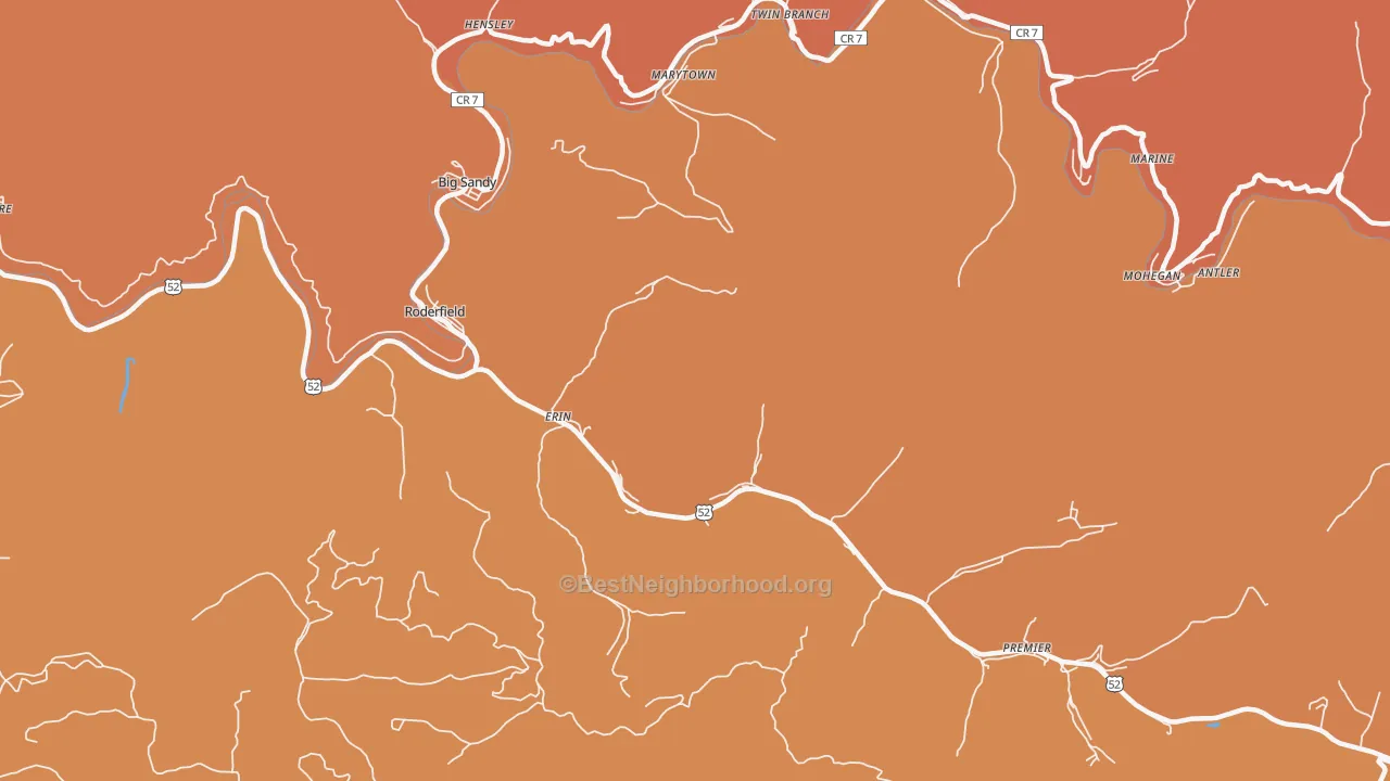 Map of the best neighborhoods in the Erin area, with better matches in green and worse matches in red