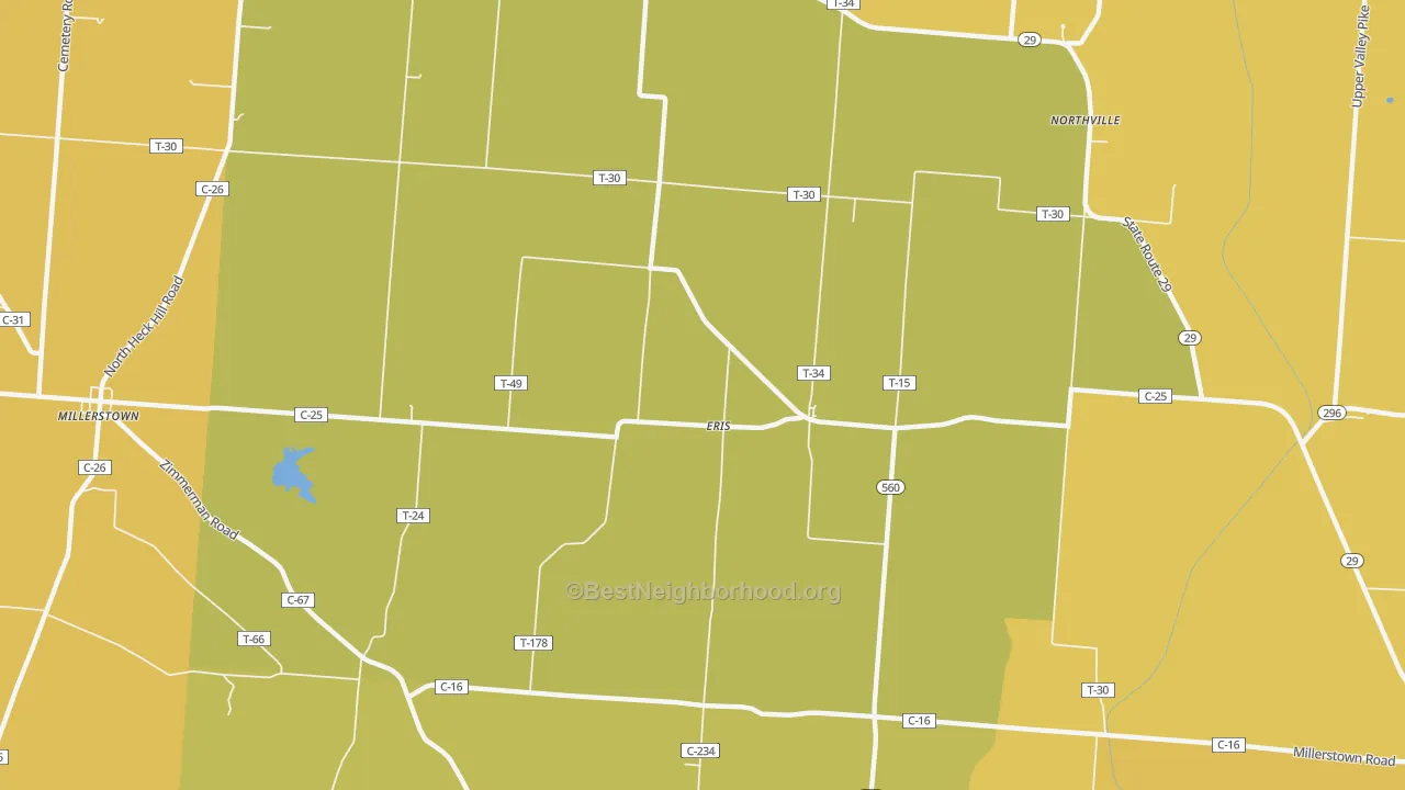 Map of the best neighborhoods in the Eris area, with better matches in green and worse matches in red