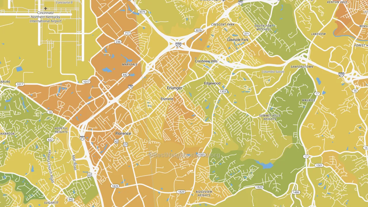 Map of the best neighborhoods in the Erlanger area, with better matches in green and worse matches in red