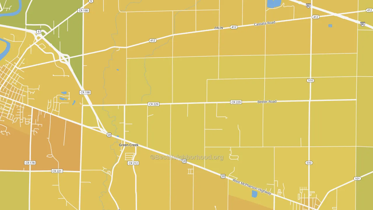 Map of the best neighborhoods in the Erlin area, with better matches in green and worse matches in red