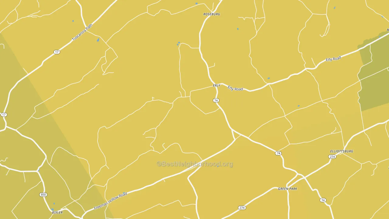 Map of the best neighborhoods in the Erly area, with better matches in green and worse matches in red