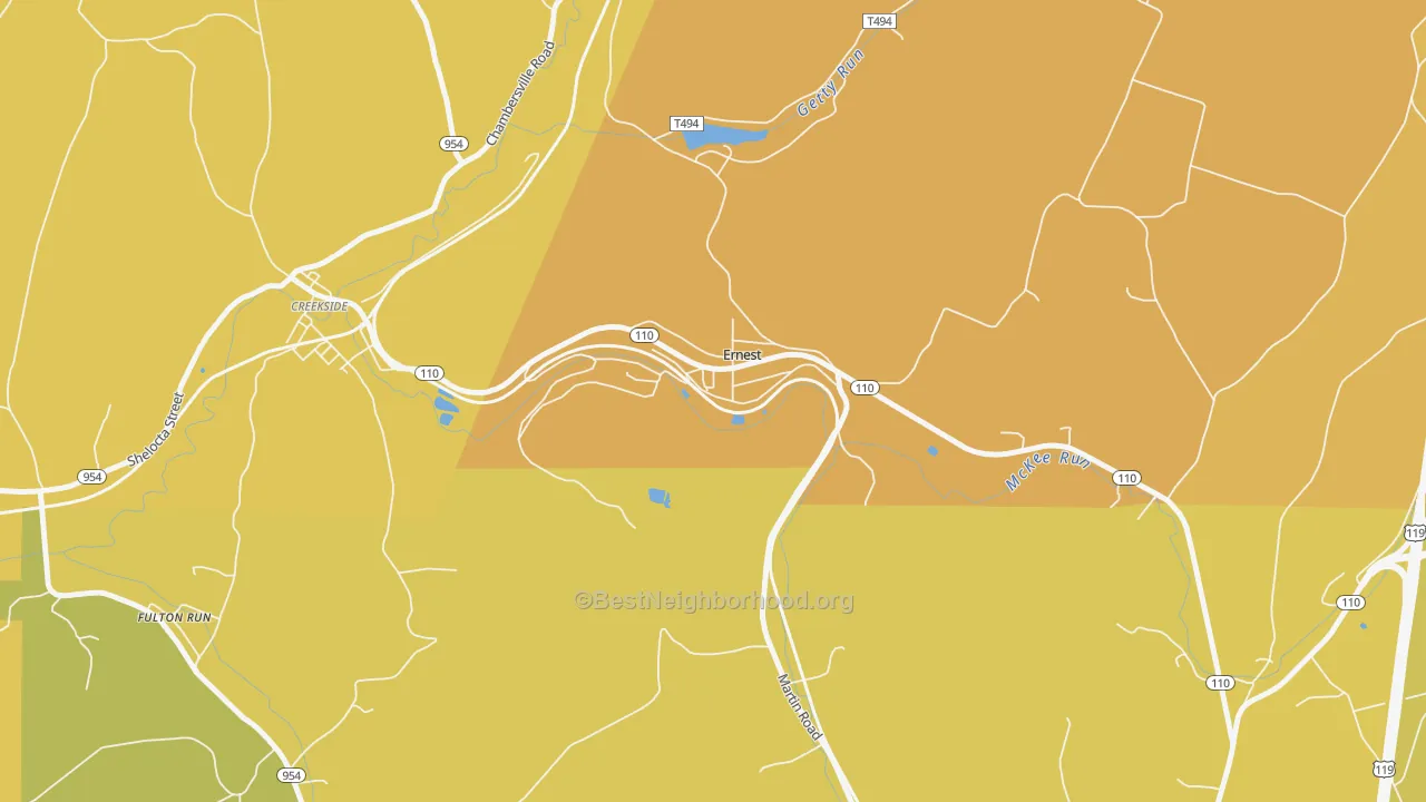 Map of the best neighborhoods in the Ernest area, with better matches in green and worse matches in red