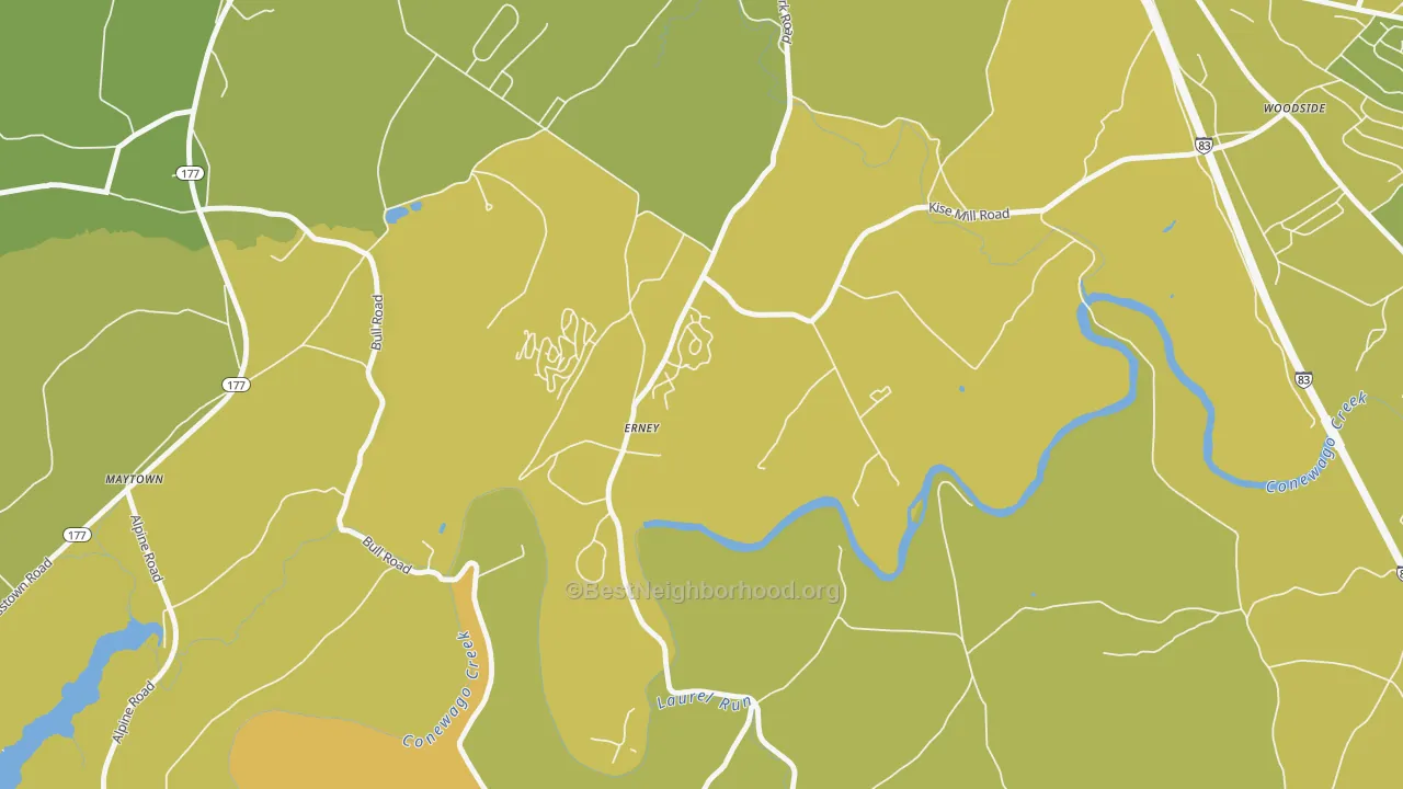 Map of the best neighborhoods in the Erney area, with better matches in green and worse matches in red