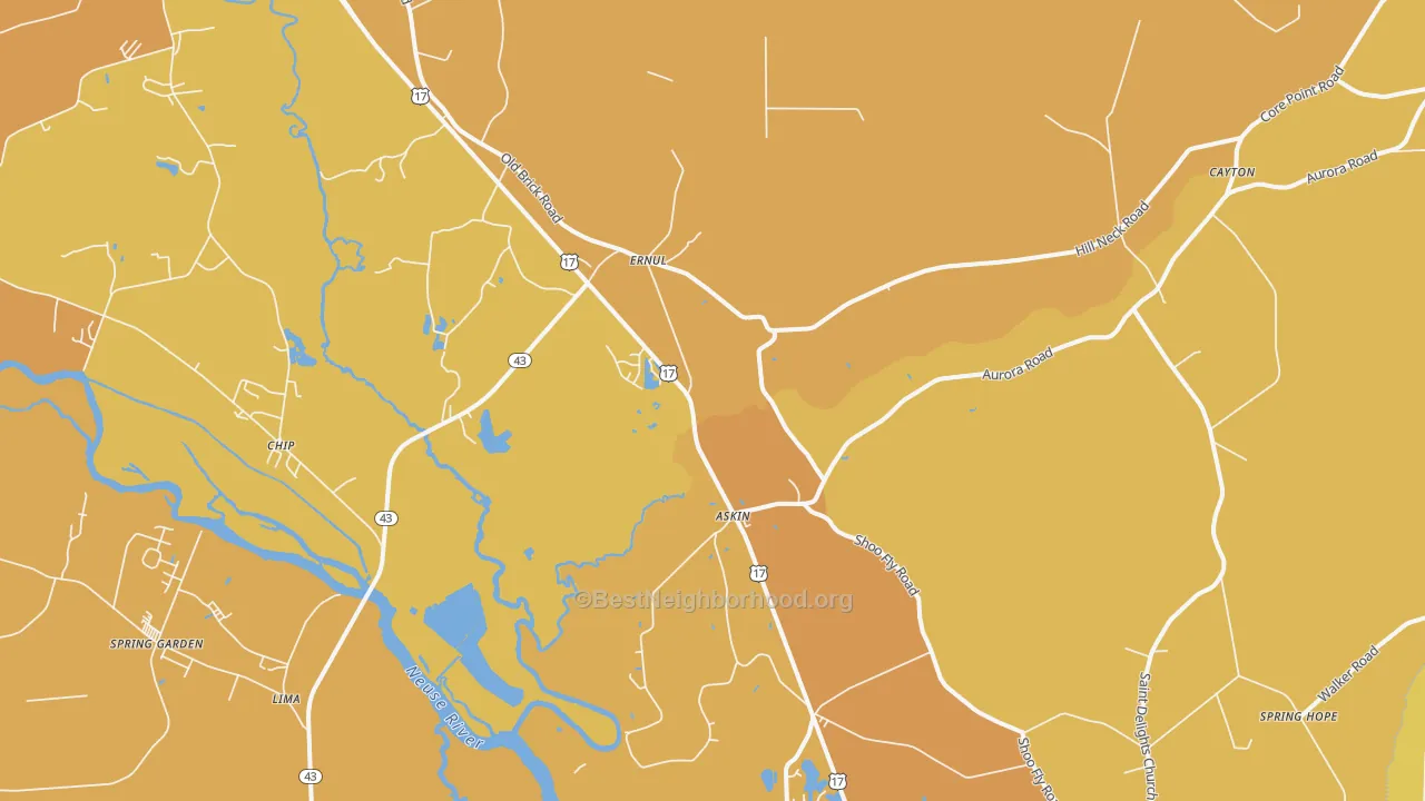 Map of the best neighborhoods in the Ernul area, with better matches in green and worse matches in red