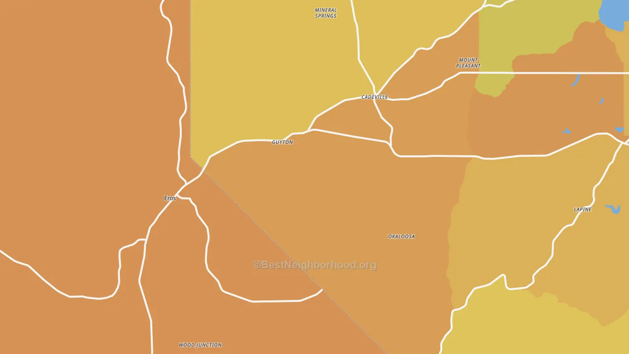 Map of the best neighborhoods in the Eros area, with better matches in green and worse matches in red