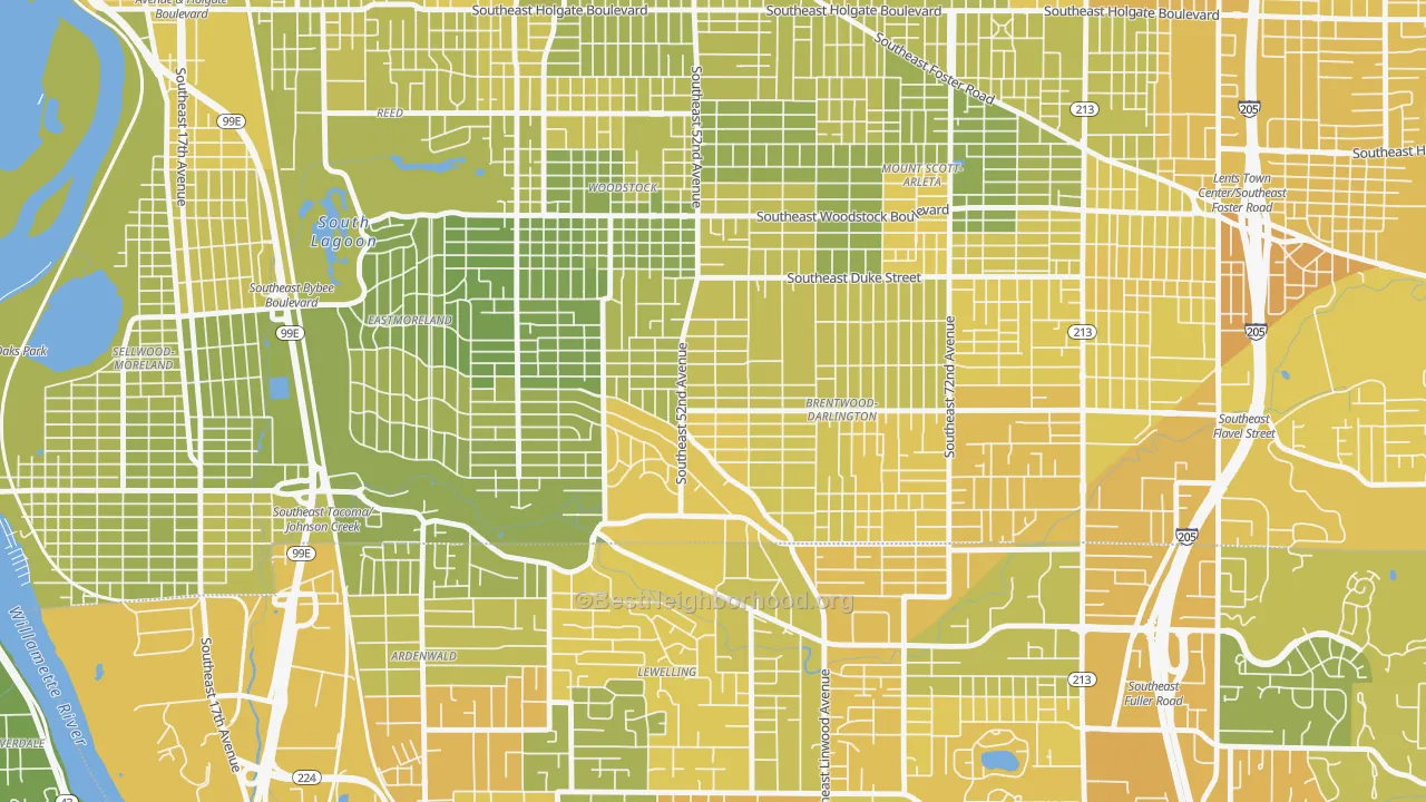 Map of the best neighborhoods in the Errol Heights, Portland area, with better matches in green and worse matches in red