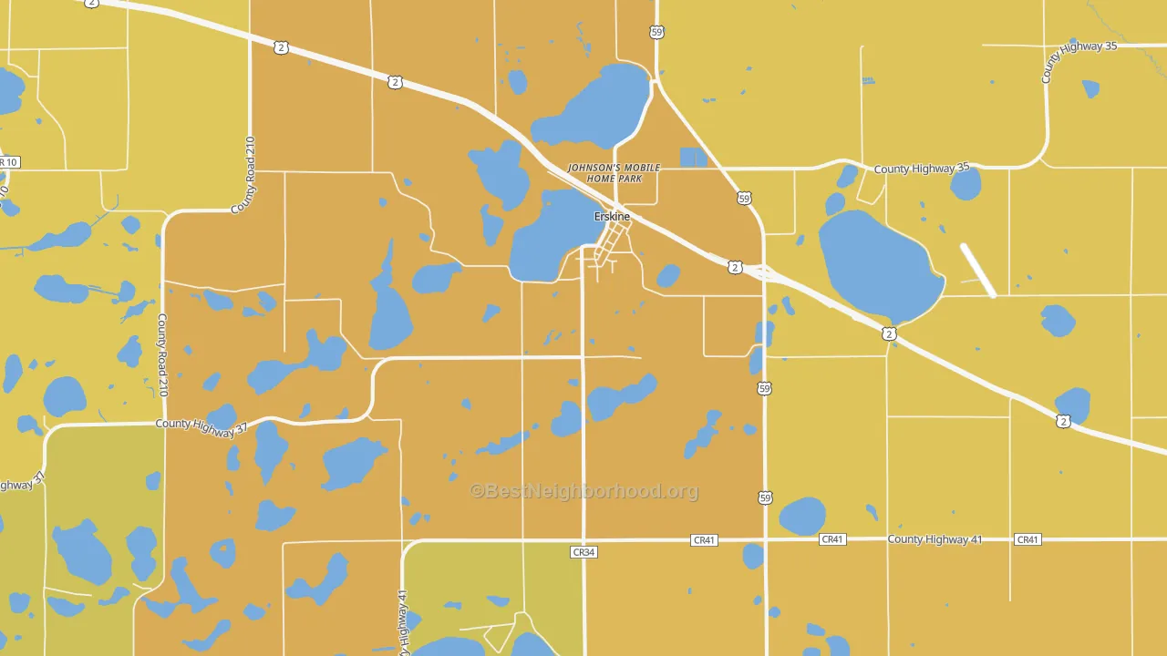 Map of the best neighborhoods in the Erskine area, with better matches in green and worse matches in red