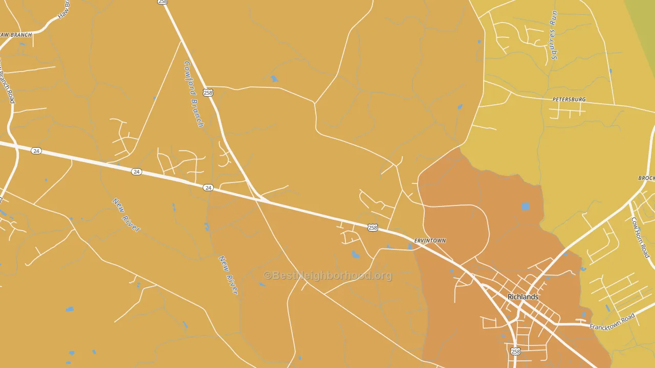 Map of the best neighborhoods in the Ervintown area, with better matches in green and worse matches in red