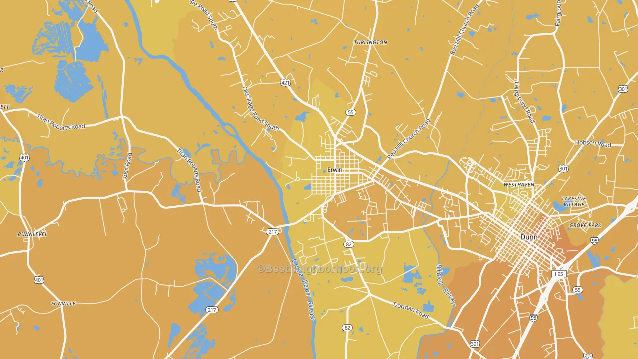 Map of the best neighborhoods in the Erwin area, with better matches in green and worse matches in red