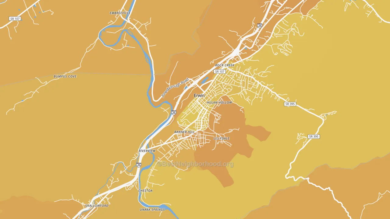 Map of the best neighborhoods in the Erwin area, with better matches in green and worse matches in red