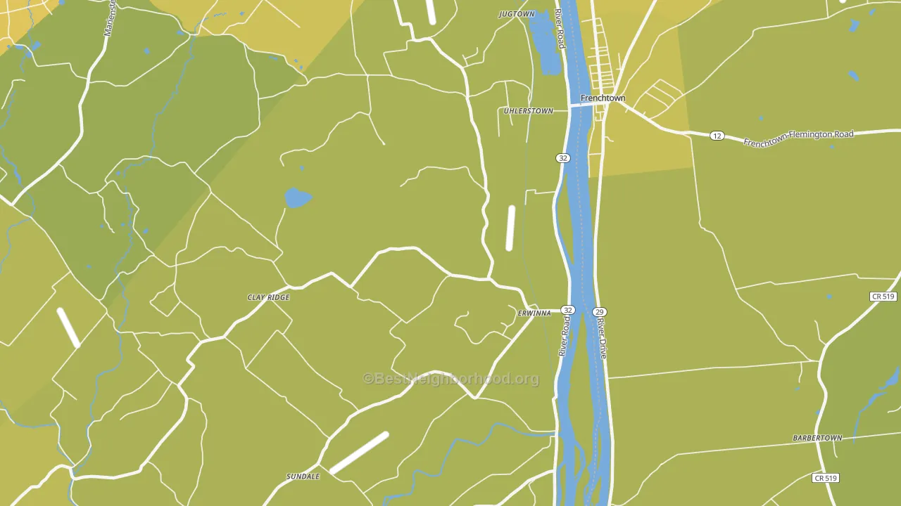Map of the best neighborhoods in the Erwinna area, with better matches in green and worse matches in red