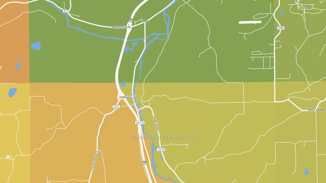 Map of the best neighborhoods in the Erwins area, with better matches in green and worse matches in red