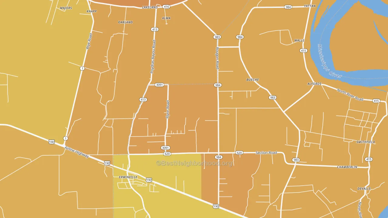 Map of the best neighborhoods in the Erwinville area, with better matches in green and worse matches in red