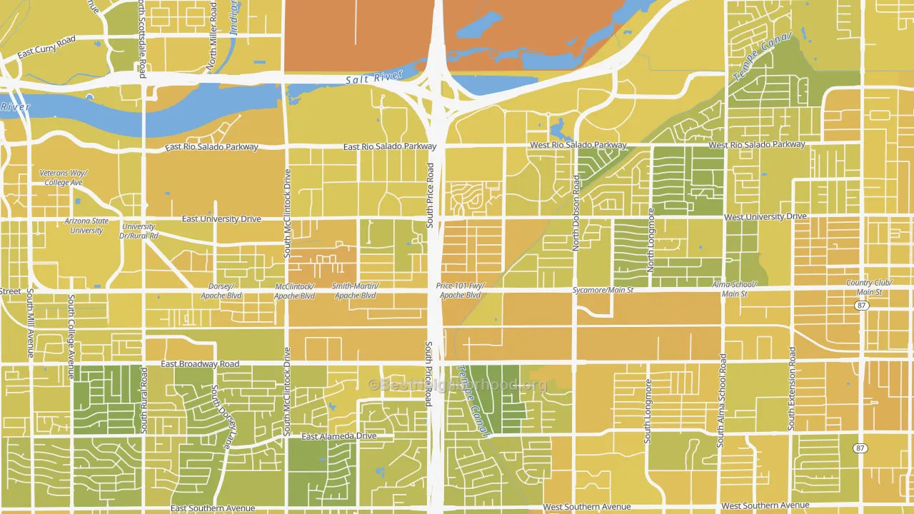 Map of the best neighborhoods in the Escalante, Tempe area, with better matches in green and worse matches in red