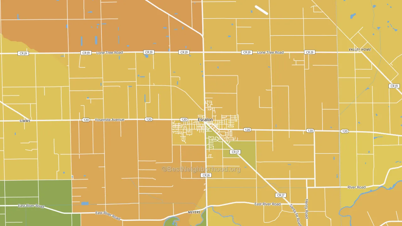 Map of the best neighborhoods in the Escalon area, with better matches in green and worse matches in red