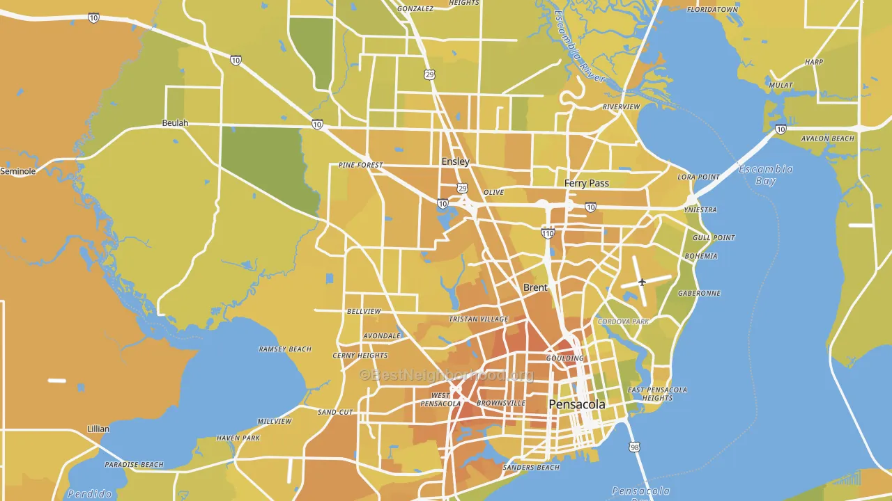 Map of the best neighborhoods in the Escambia County area, with better matches in green and worse matches in red