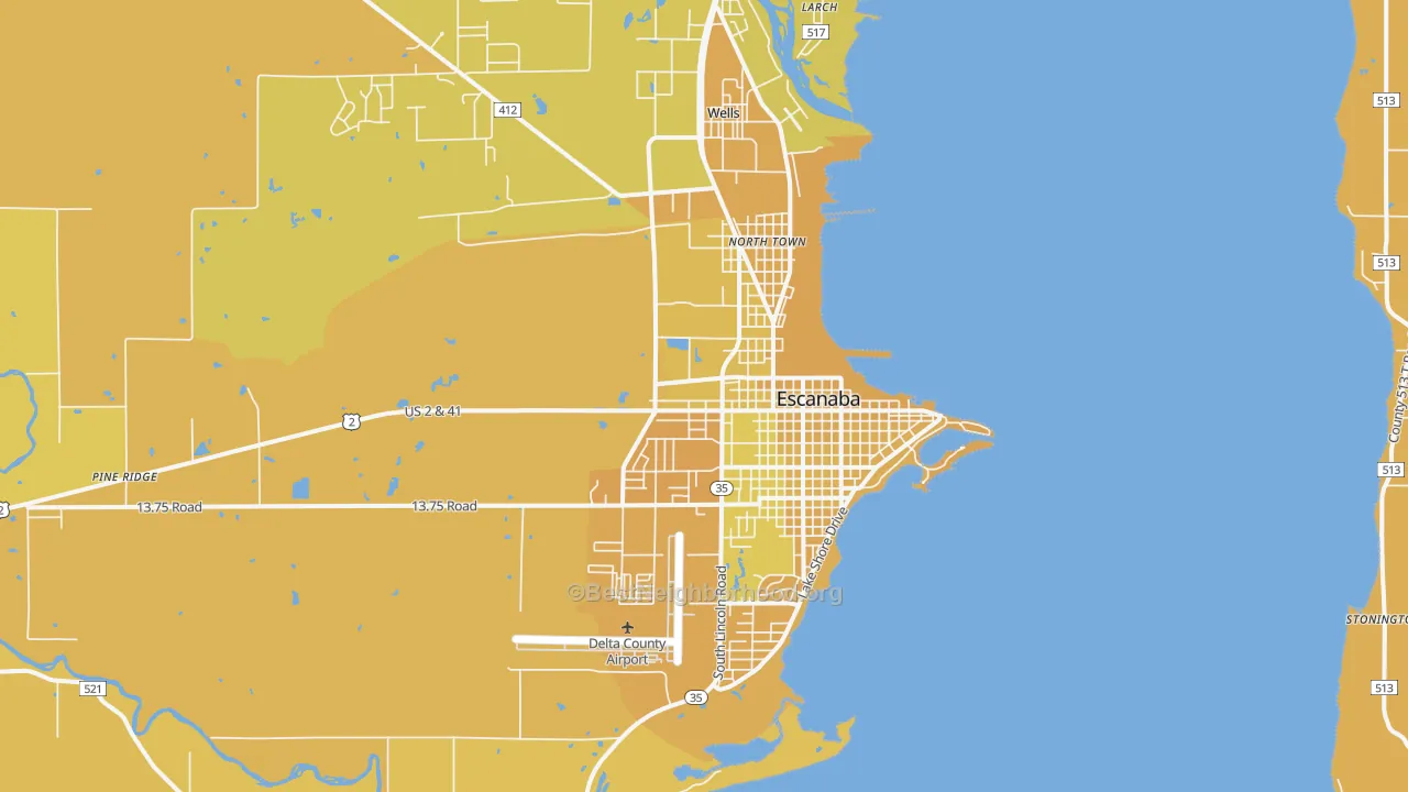 Map of the best neighborhoods in the Escanaba area, with better matches in green and worse matches in red