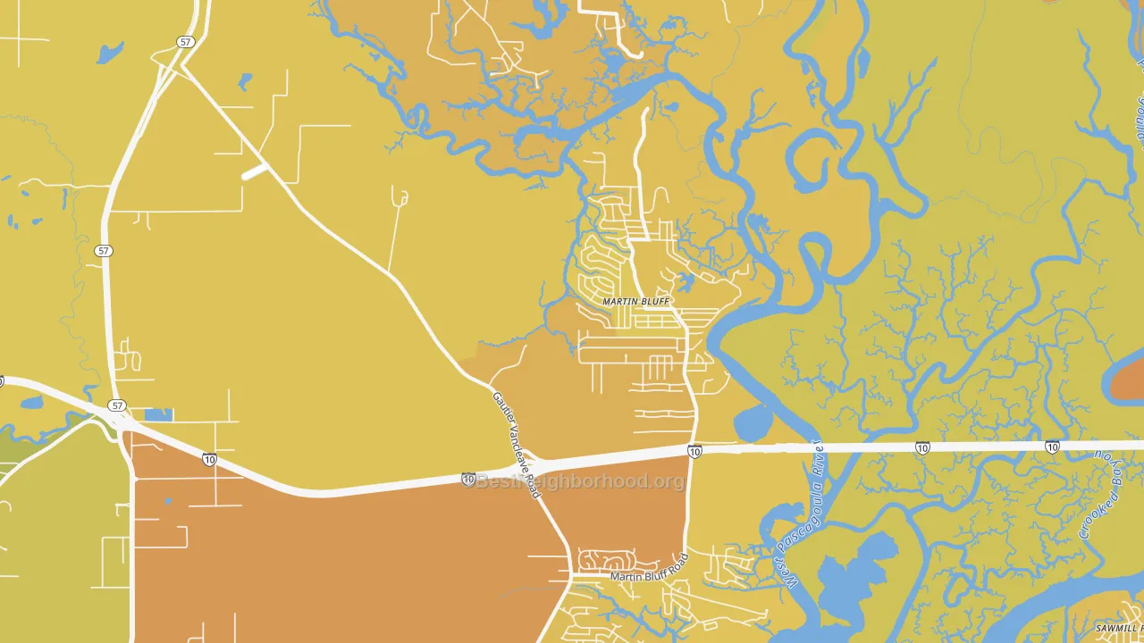 Map of the best neighborhoods in the Escatawpa area, with better matches in green and worse matches in red