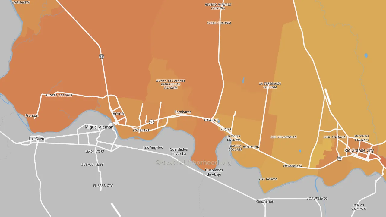 Map of the best neighborhoods in the Escobares area, with better matches in green and worse matches in red