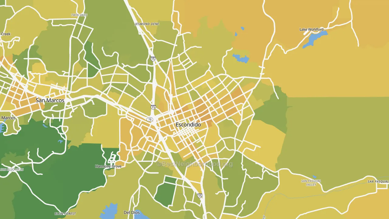 Map of the best neighborhoods in the Escondido area, with better matches in green and worse matches in red