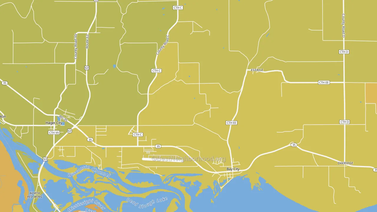 Map of the best neighborhoods in the Esdaile area, with better matches in green and worse matches in red