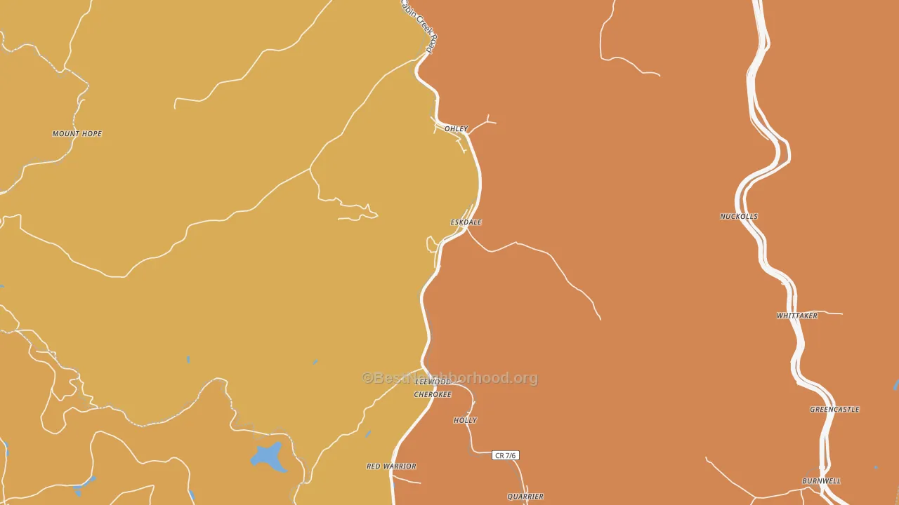 Map of the best neighborhoods in the Eskdale area, with better matches in green and worse matches in red