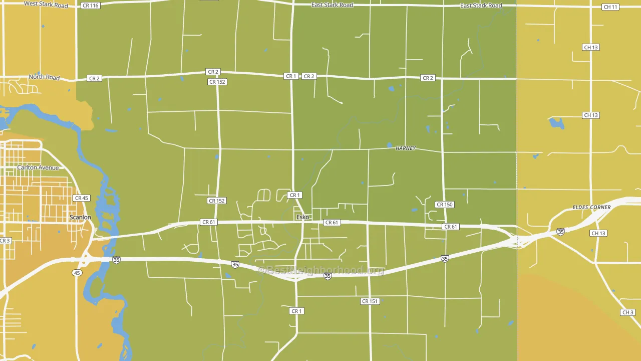 Map of the best neighborhoods in the Esko area, with better matches in green and worse matches in red