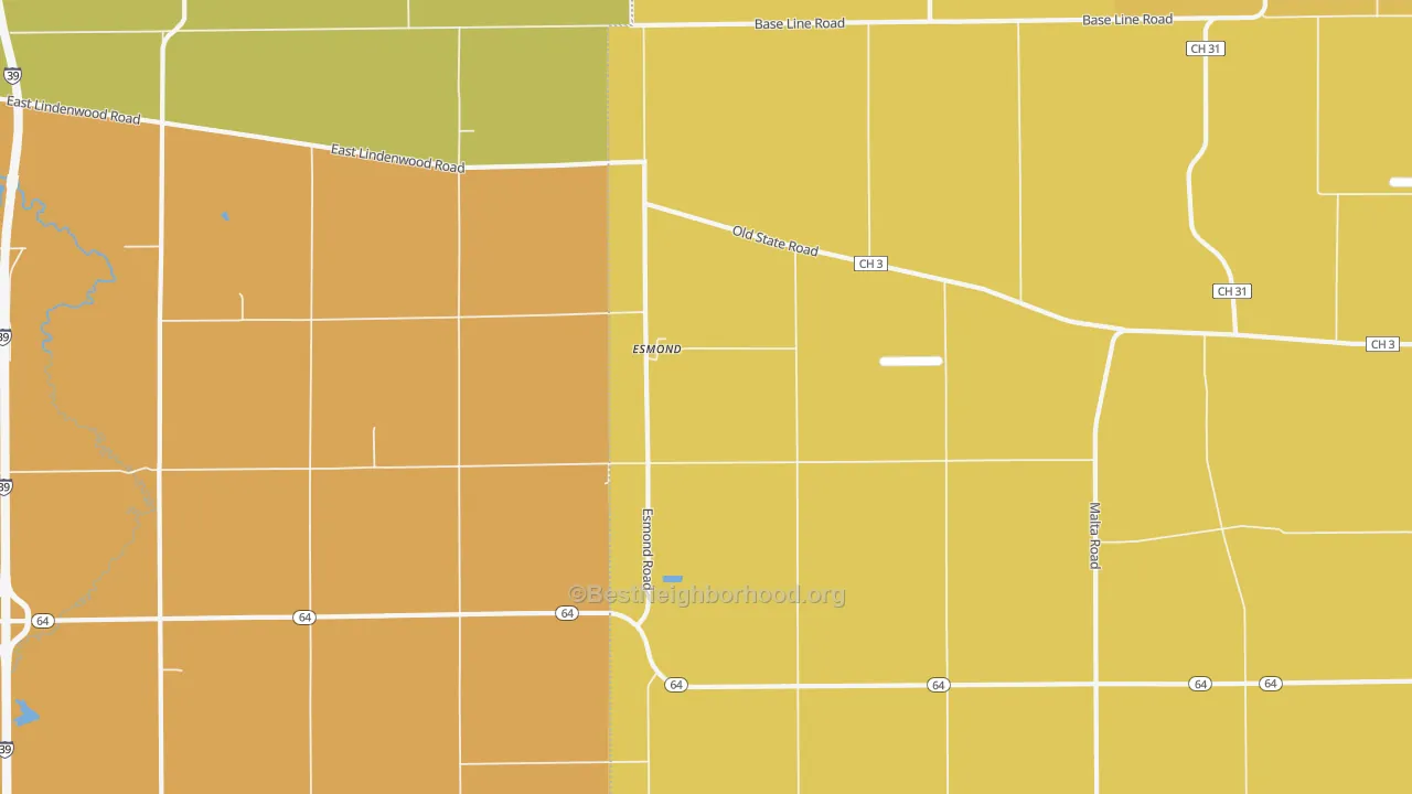 Map of the best neighborhoods in the Esmond area, with better matches in green and worse matches in red