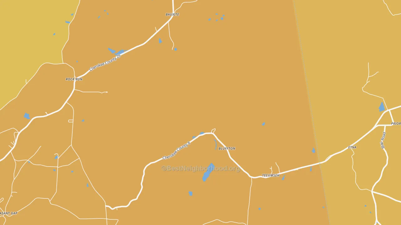 Map of the best neighborhoods in the Esom Hill area, with better matches in green and worse matches in red