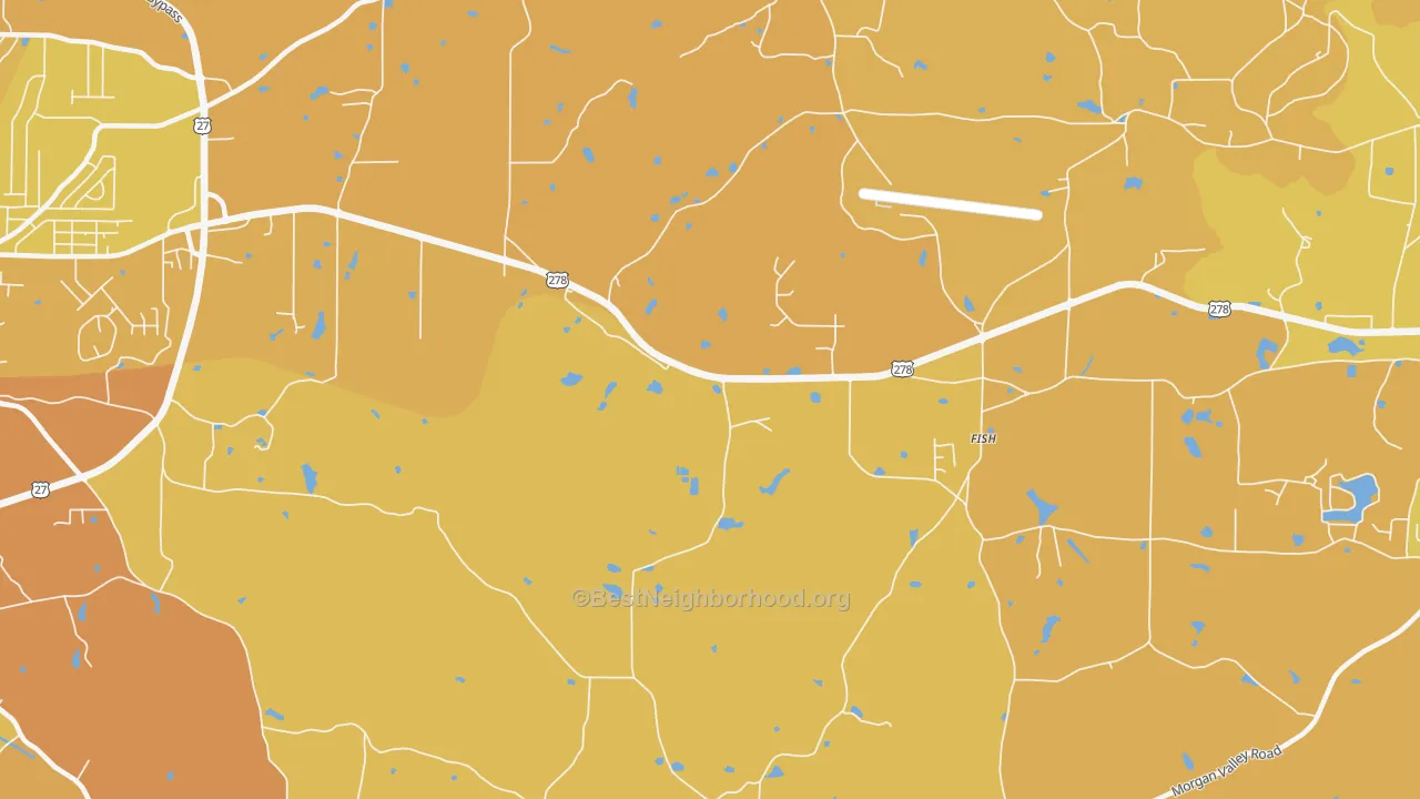 Map of the best neighborhoods in the Esom Hill area, with better matches in green and worse matches in red
