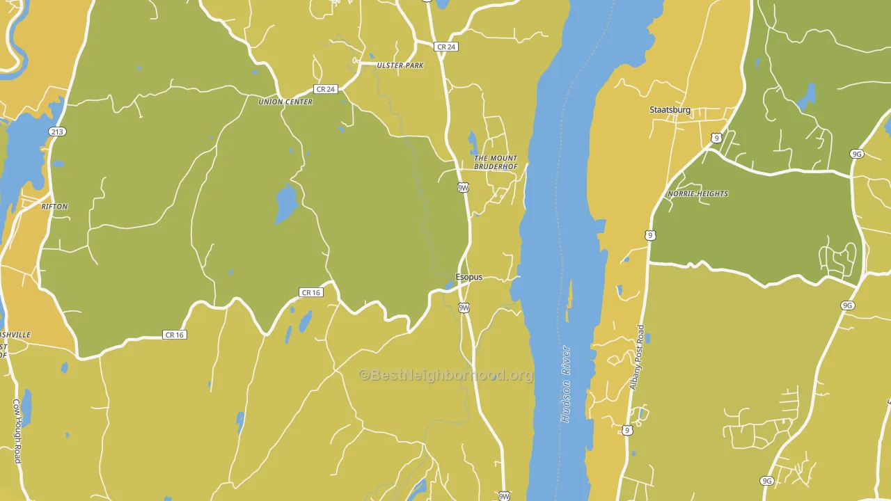 Map of the best neighborhoods in the Esopus area, with better matches in green and worse matches in red