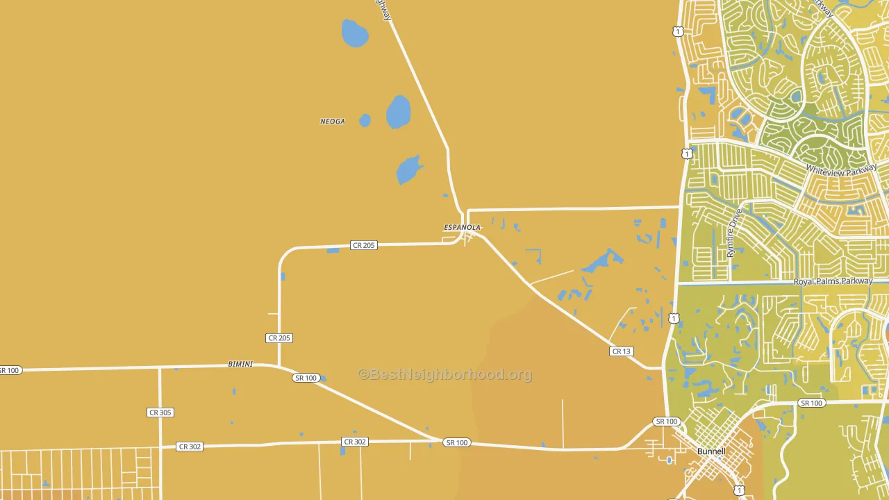 Map of the best neighborhoods in the Espanola area, with better matches in green and worse matches in red