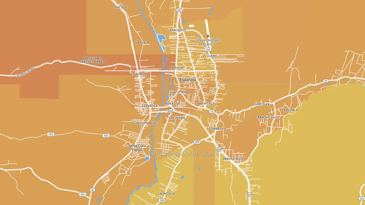 Map of the best neighborhoods in the Espanola area, with better matches in green and worse matches in red