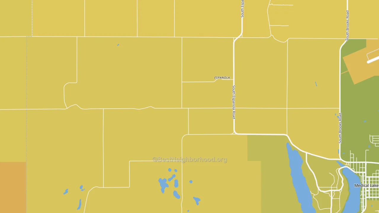 Map of the best neighborhoods in the Espanola area, with better matches in green and worse matches in red
