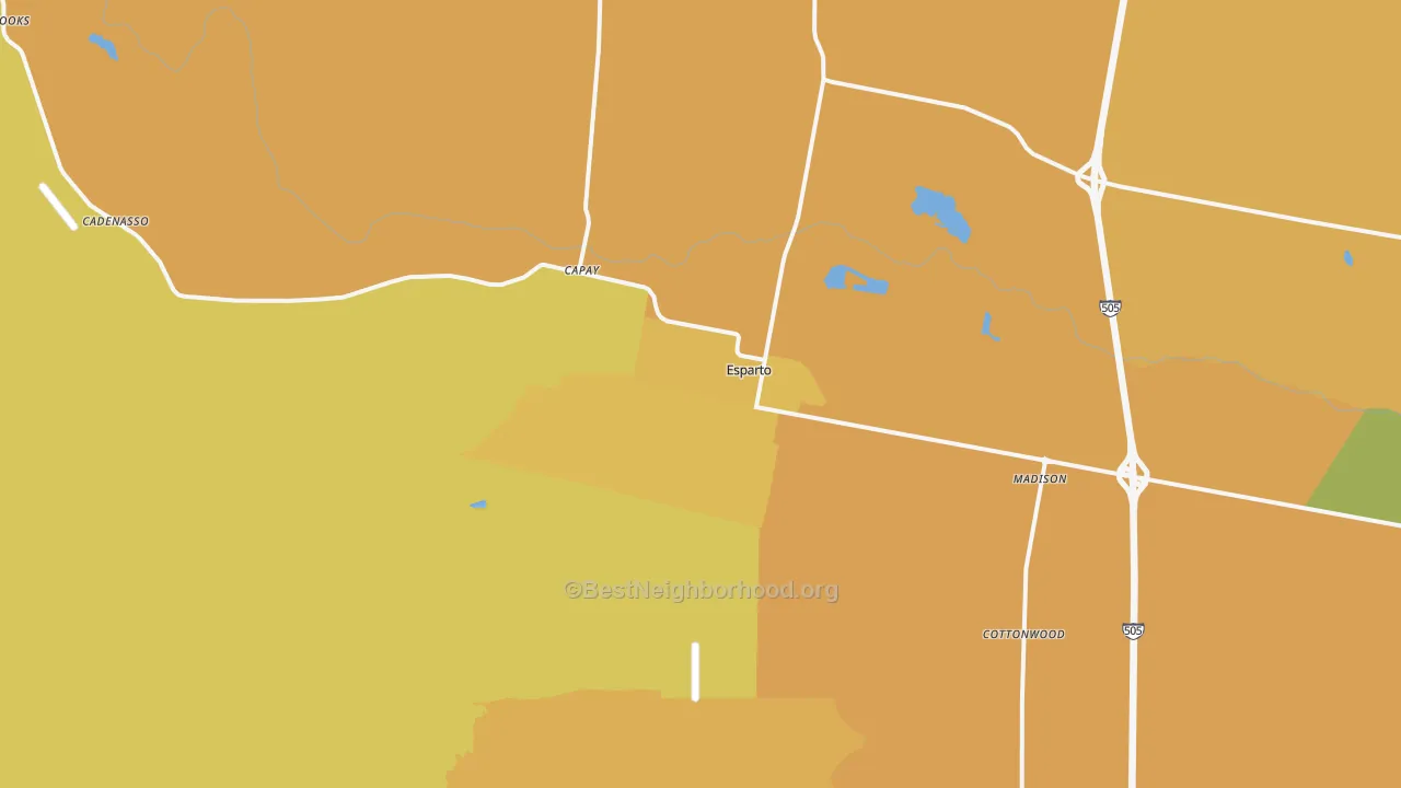Map of the best neighborhoods in the Esparto area, with better matches in green and worse matches in red