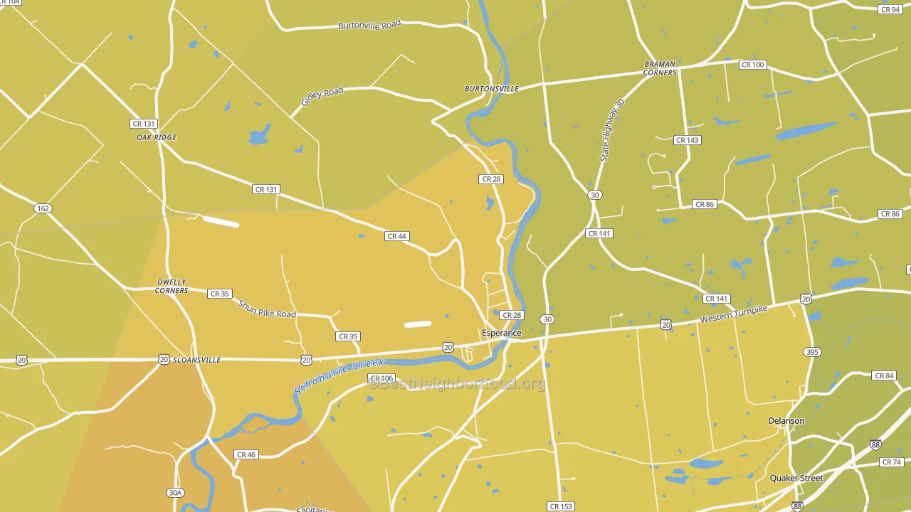 Map of the best neighborhoods in the Esperance area, with better matches in green and worse matches in red