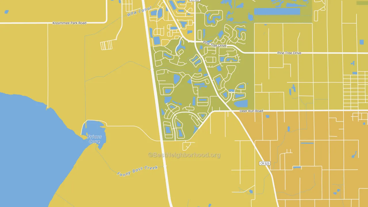 Map of the best neighborhoods in the Esprit, St. Cloud area, with better matches in green and worse matches in red