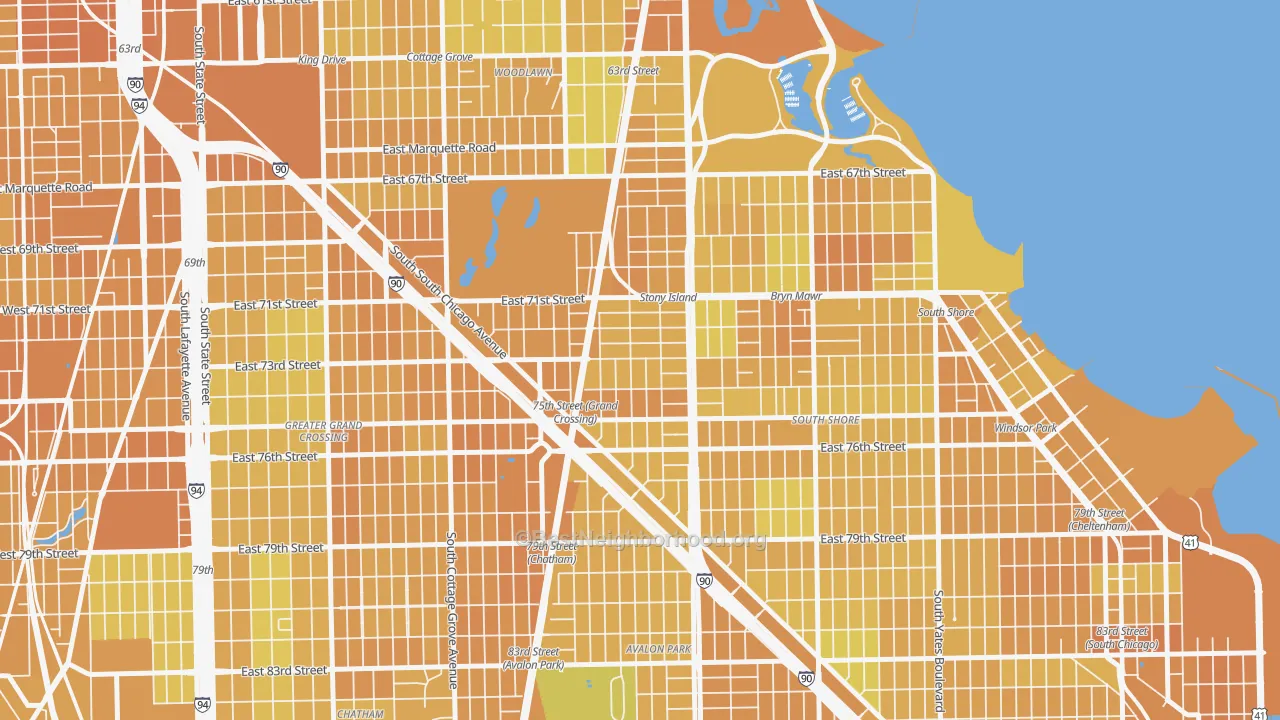 Map of the best neighborhoods in the Essex, Chicago area, with better matches in green and worse matches in red