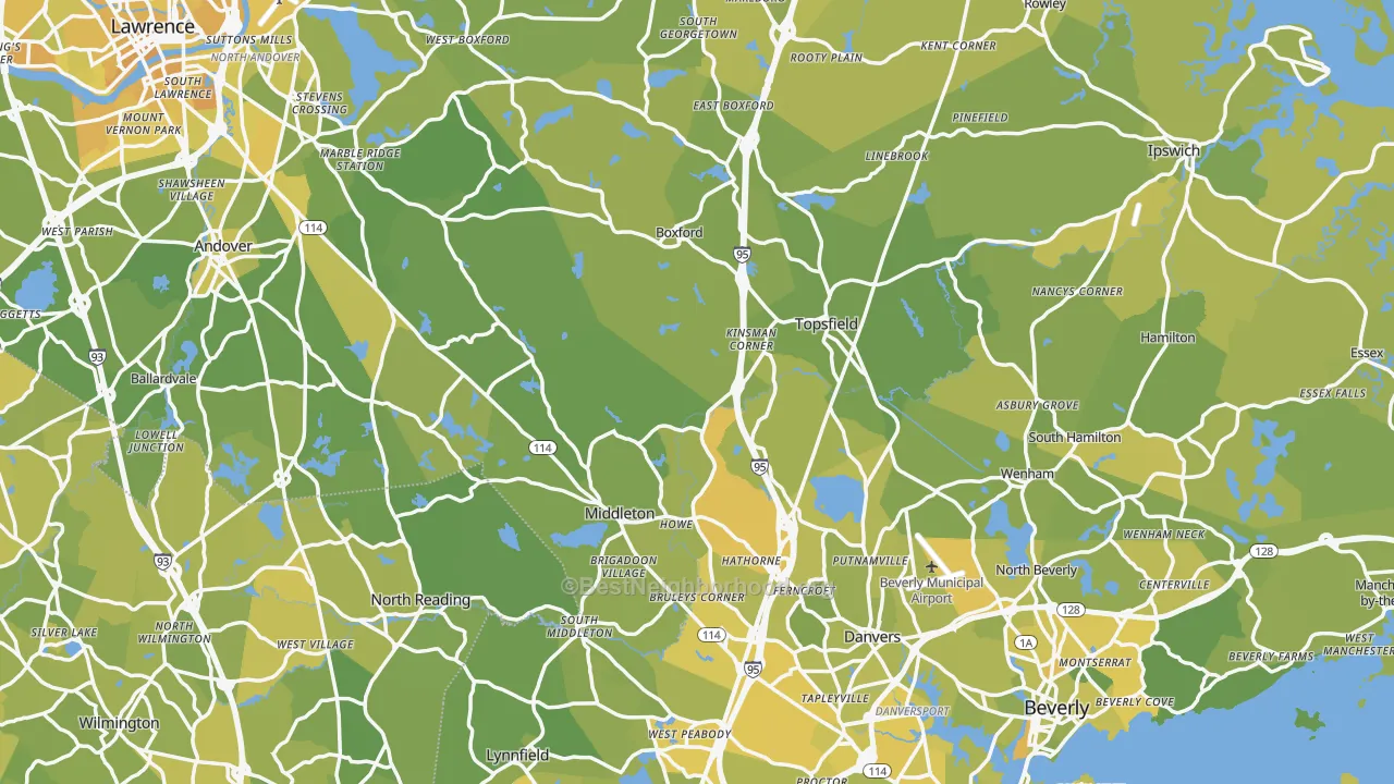 Map of the best neighborhoods in the Essex County area, with better matches in green and worse matches in red