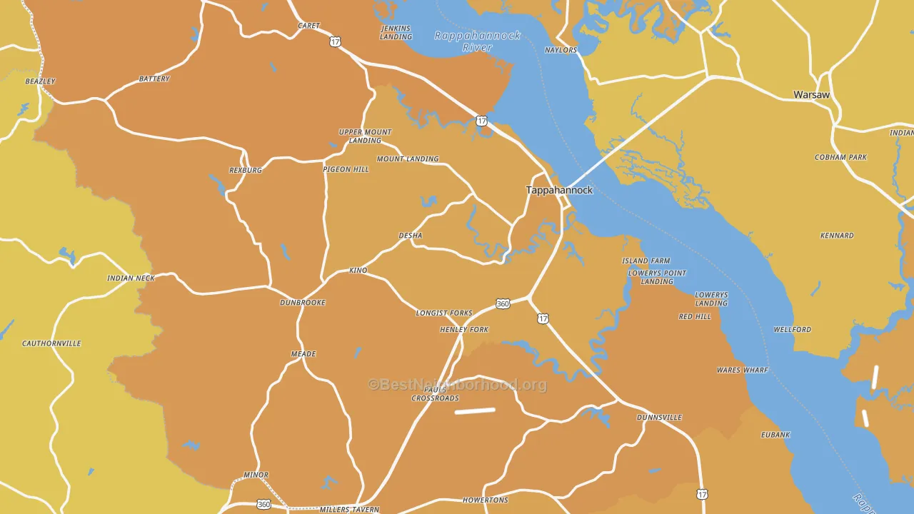 Map of the best neighborhoods in the Essex County area, with better matches in green and worse matches in red