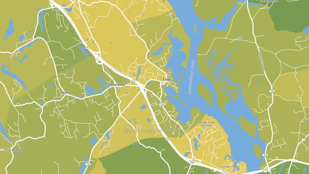 Map of the best neighborhoods in the Essex area, with better matches in green and worse matches in red