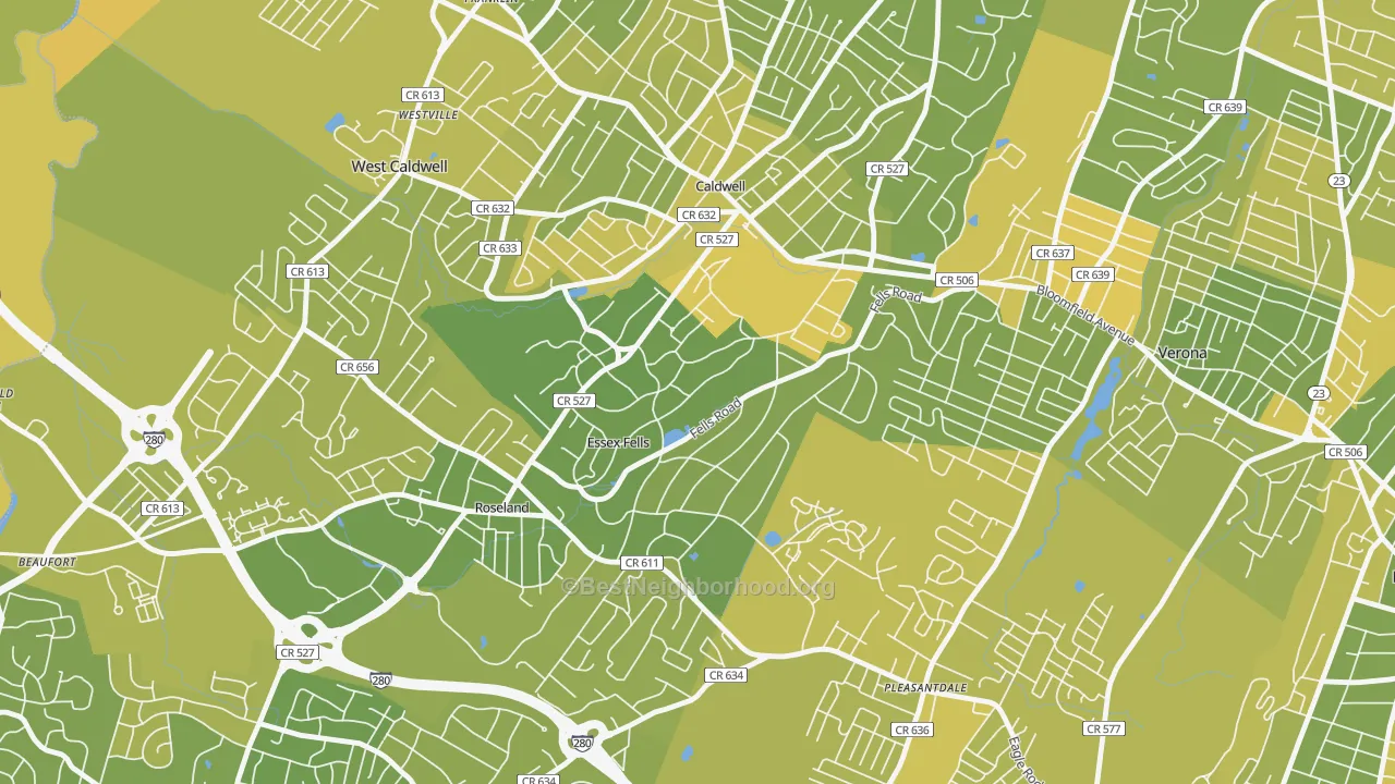 Map of the best neighborhoods in the Essex Fells area, with better matches in green and worse matches in red