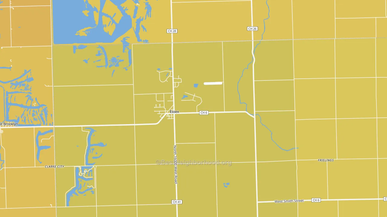 Map of the best neighborhoods in the Essex area, with better matches in green and worse matches in red