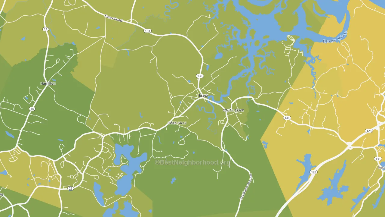 Map of the best neighborhoods in the Essex area, with better matches in green and worse matches in red